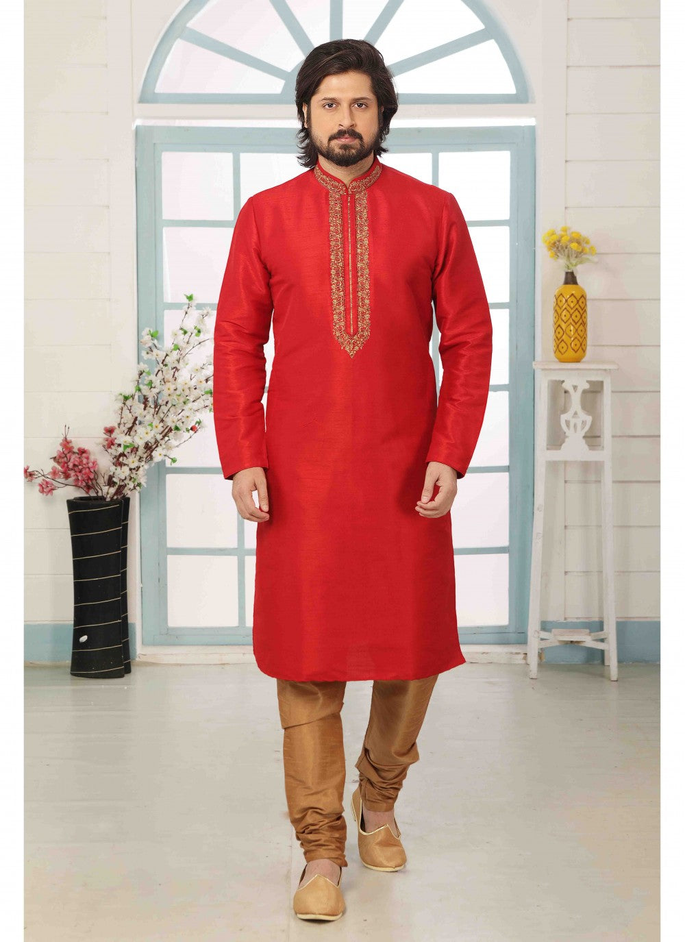 Embroidered Banarasi Silk Red Kurta Pyjama - M1808