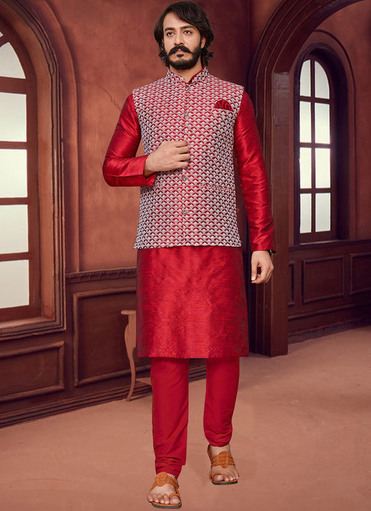 Lucknowi Work Art Silk Red Kurta Payjama With Jacket - M2032