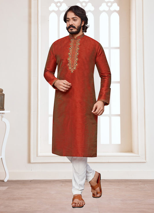 Embroidered Art Silk Red Kurta Pyjama - M2330