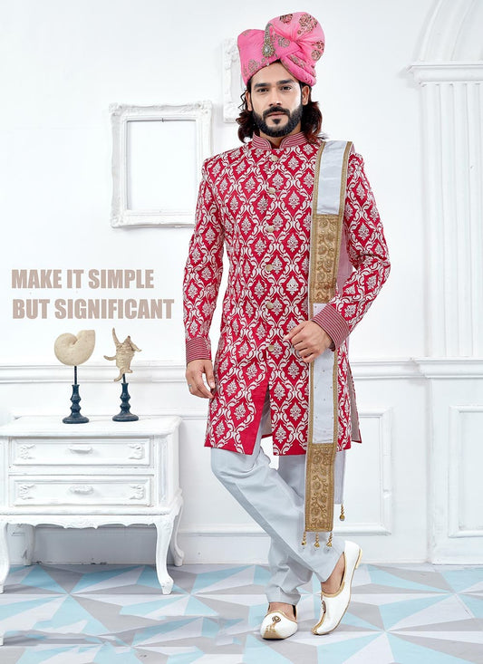 Embroidered Banglori Silk Red Indo Western Sherwani - M2101