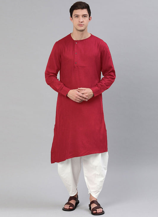 Plain Blended Cotton Red Dhoti Kurta - M4498