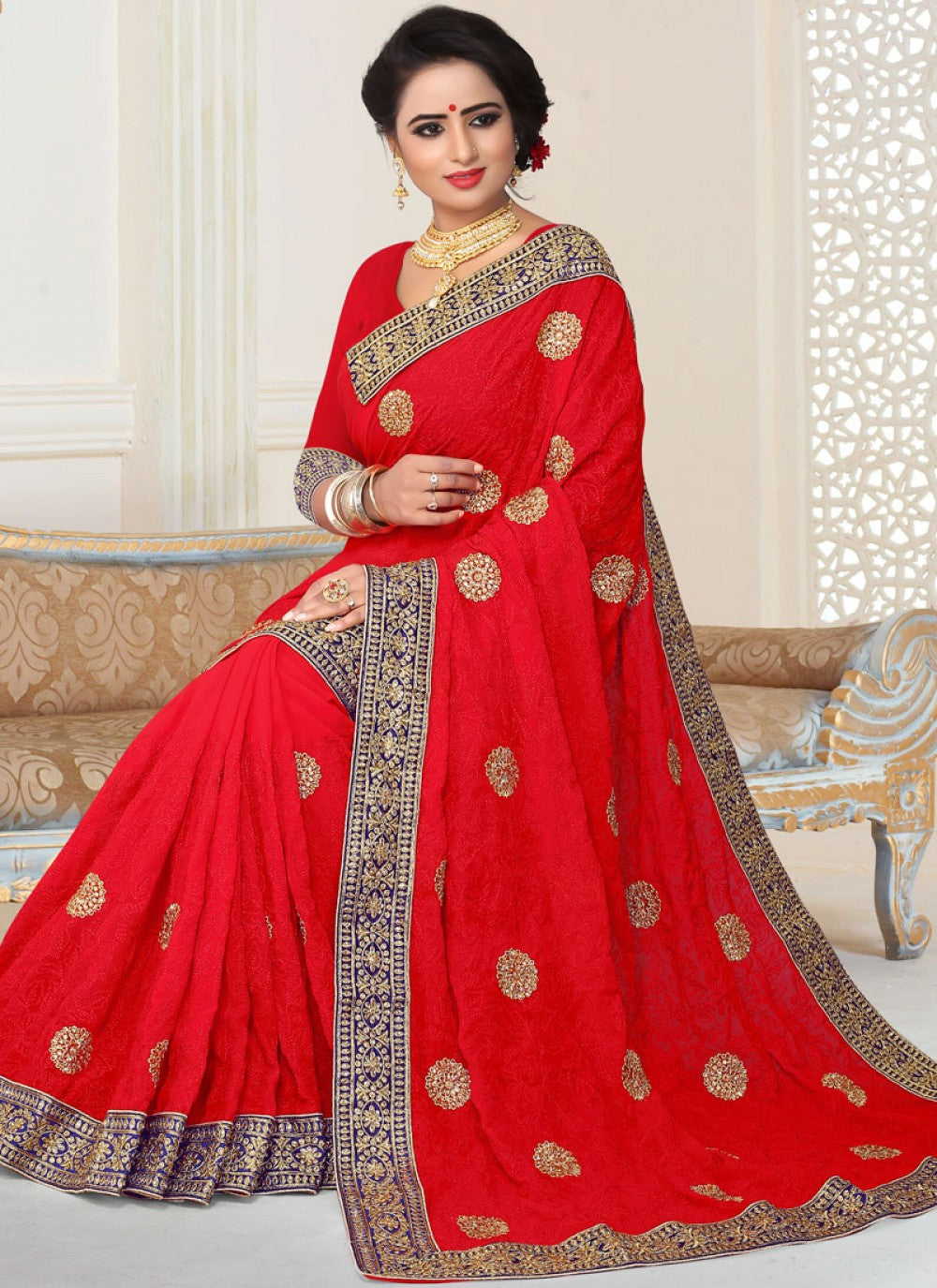 Classic Embroidered Faux Georgette Saree - S0014