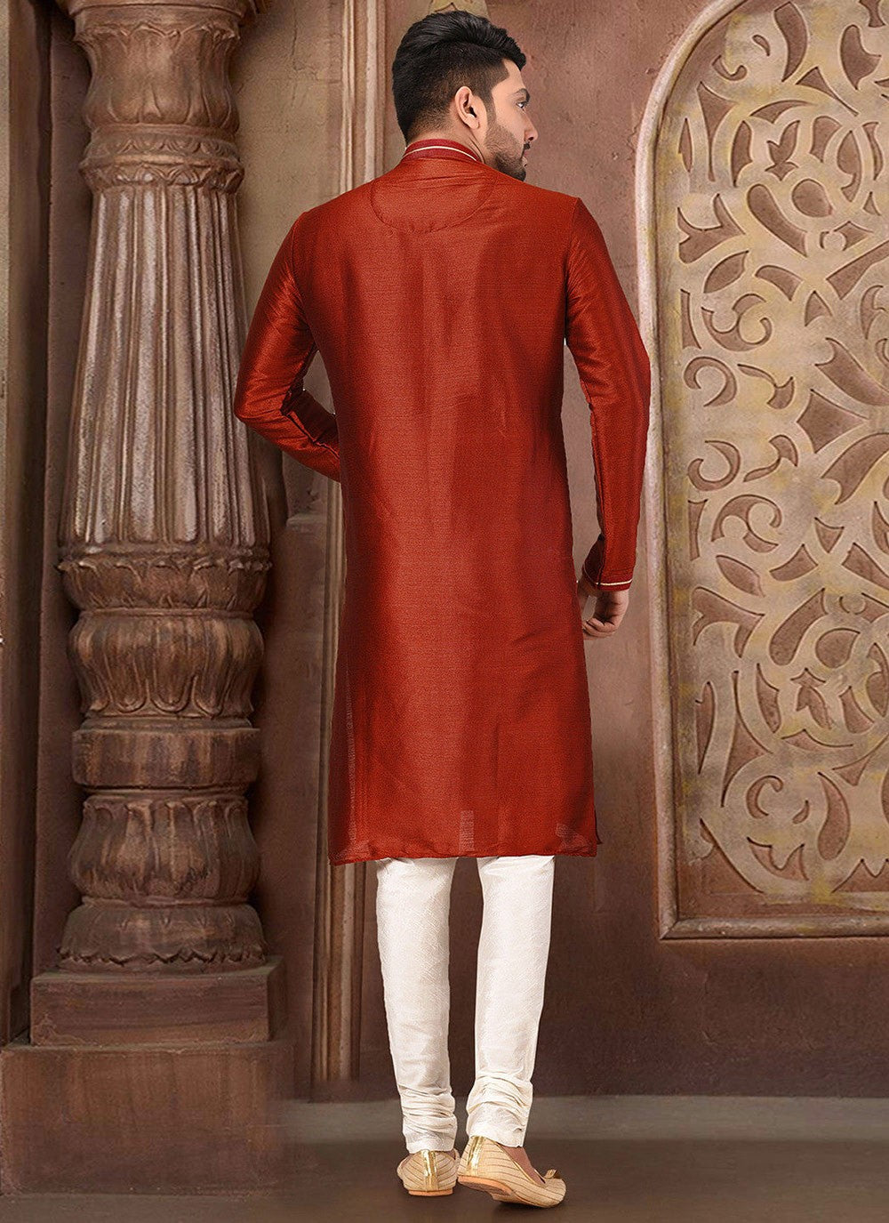 Embroidered Malbari Silk Red Kurta Pyjama - M2732