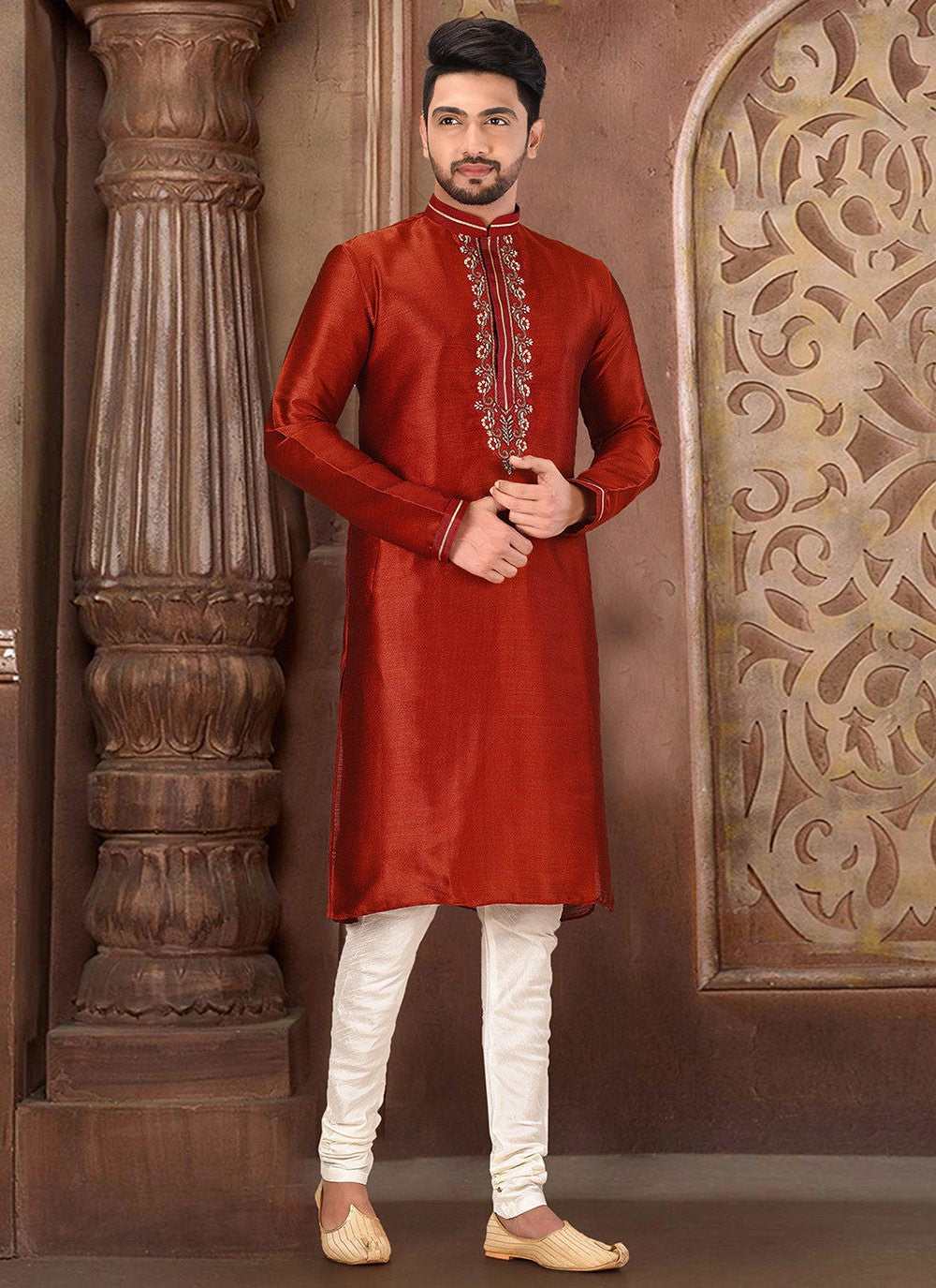 Embroidered Malbari Silk Red Kurta Pyjama - M2732