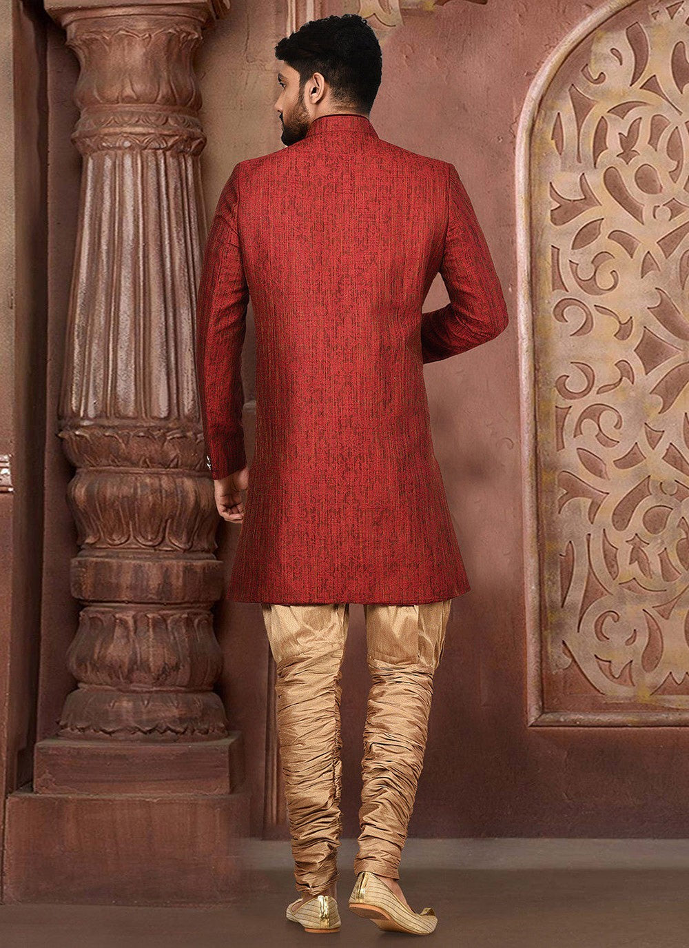 Fancy Work Jamawar Red Indo Western Sherwani - M2756