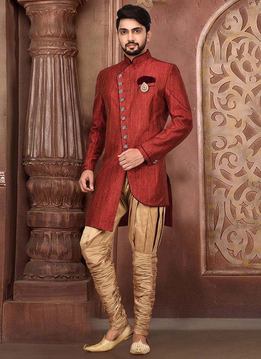 Fancy Work Jamawar Red Indo Western Sherwani - M2756