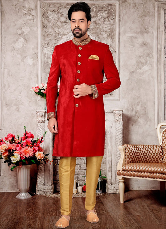 Hand Embroidery Velvet Red Indo Western Sherwani - M3001