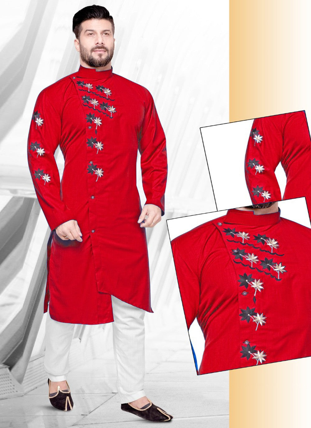 Resham Cotton Red Kurta Pyjama - M2216