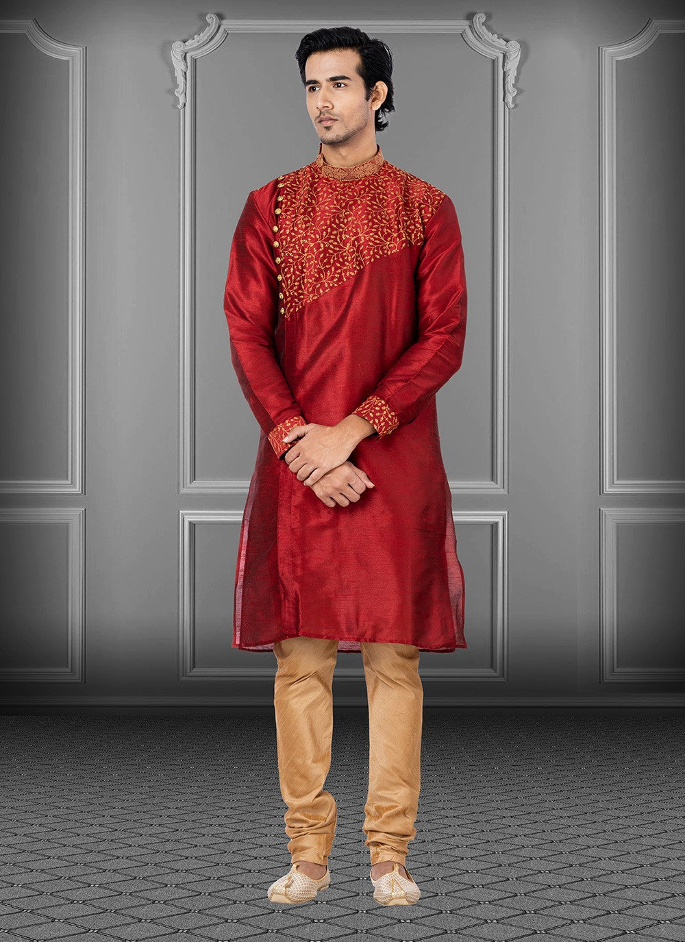 Embroidered Dupion Silk Red Kurta Pyjama - M3702