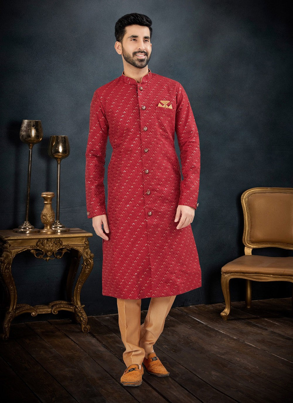 Jacquard Work Jacquard Red Kurta Pyjama - M7127