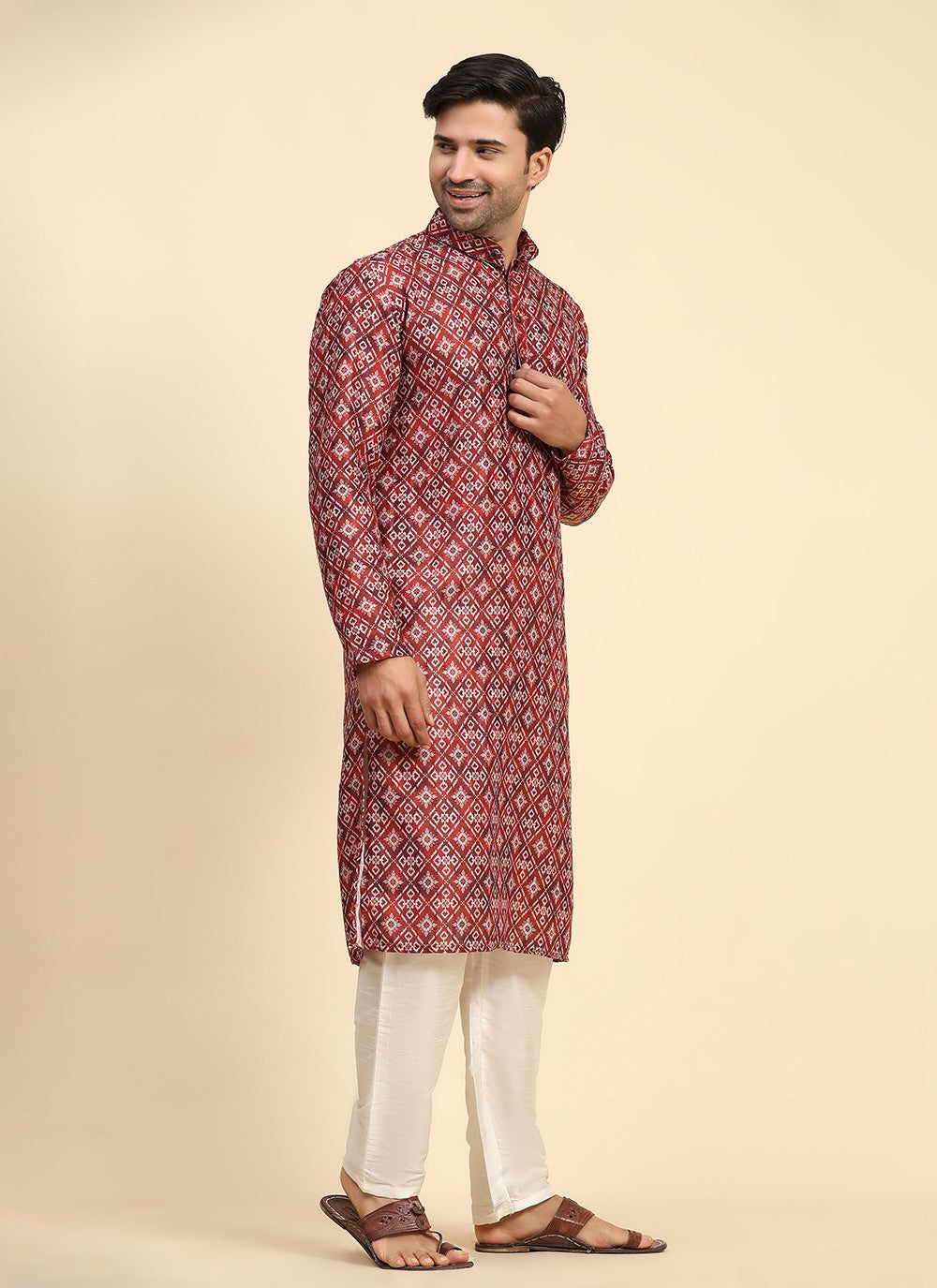 Digital Print Cotton Red Kurta Pyjama - M8147