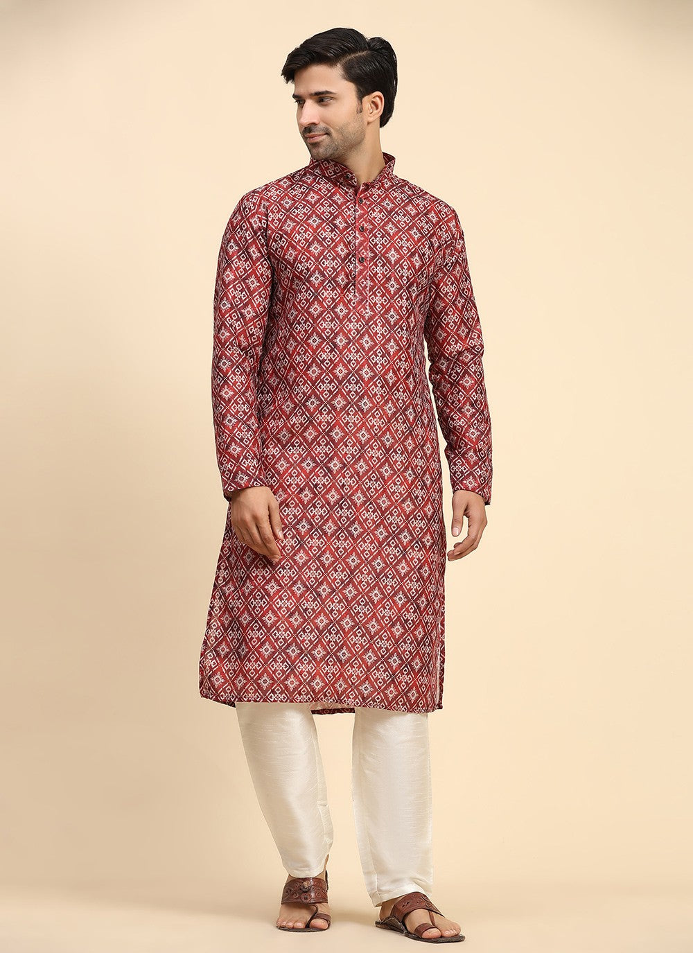 Digital Print Cotton Red Kurta Pyjama - M8147