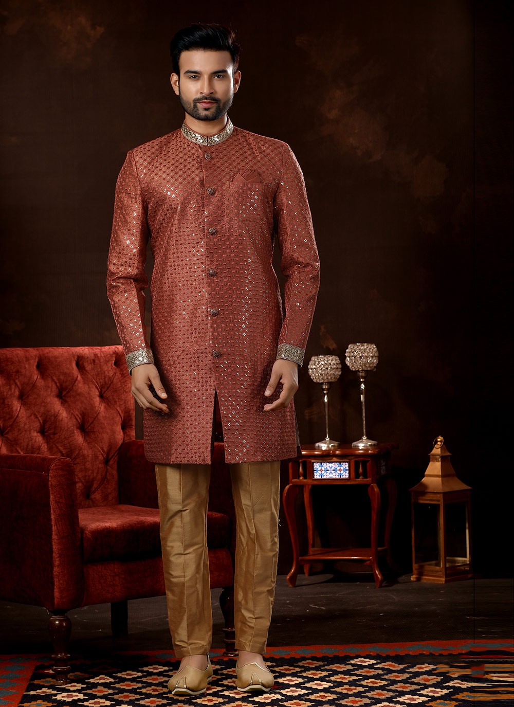 Embroidered Fancy Fabric Red Sherwani - M3077