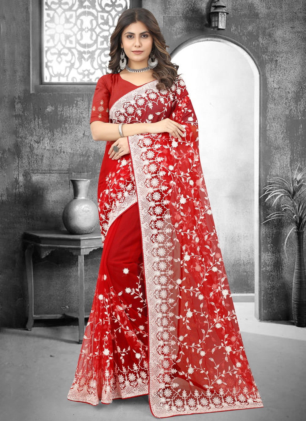 Classic Embroidered Net Saree - S3120