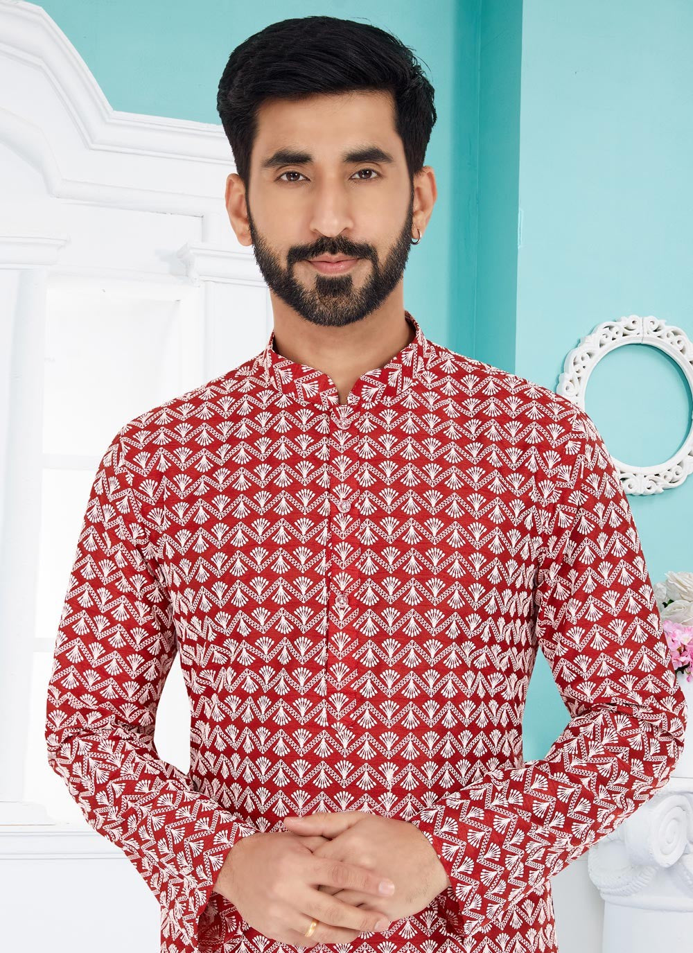 Embroidered Cotton Silk Red Kurta Pyjama - M4980