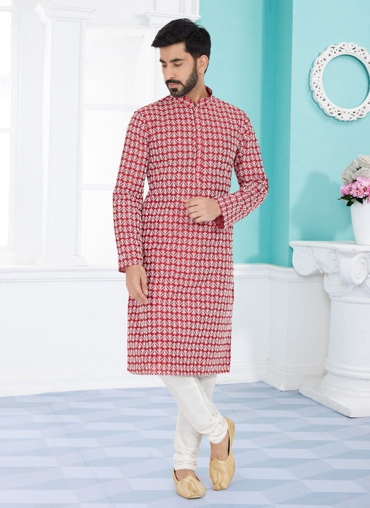 Embroidered Cotton Silk Red Kurta Pyjama - M4980