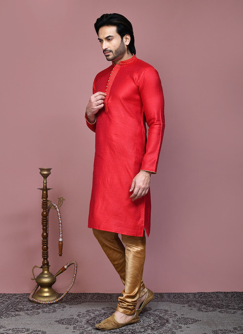 Resham Cotton Silk Red Kurta Pyjama - M7890