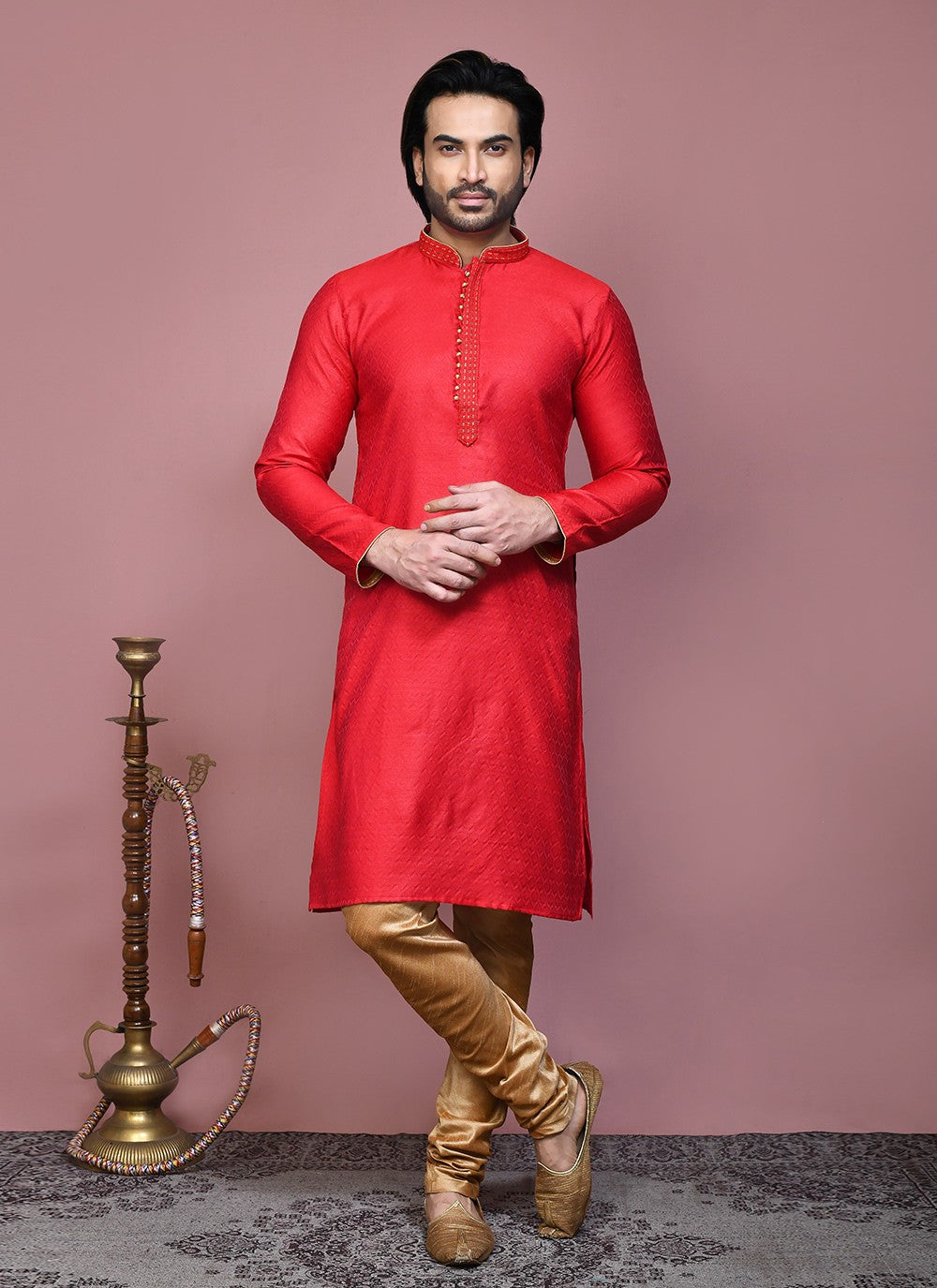 Resham Cotton Silk Red Kurta Pyjama - M7890