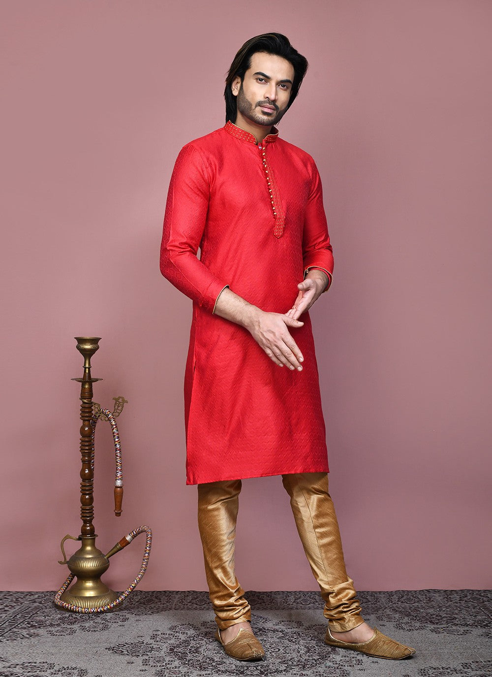 Resham Cotton Silk Red Kurta Pyjama - M7890