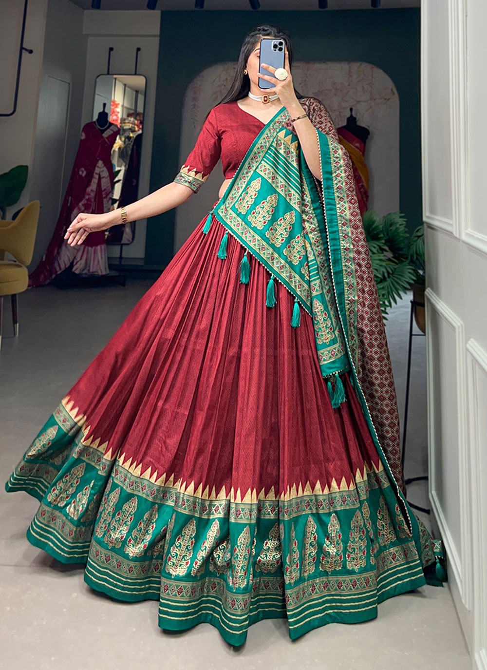 Foliage Prints Tussar Silk A - Line Lehenga - L1563