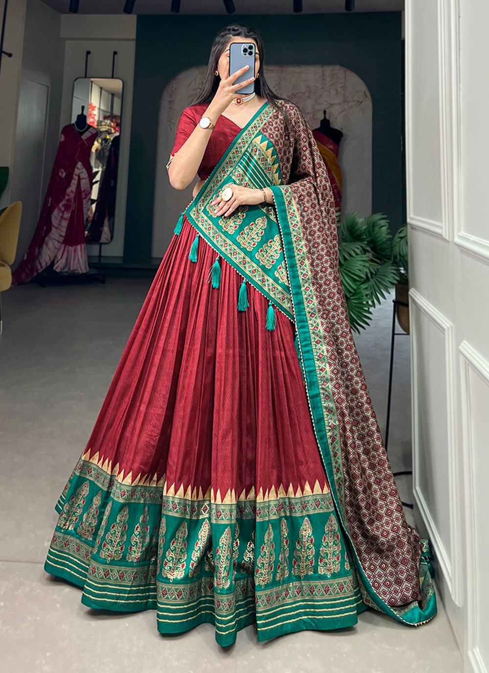 Foliage Prints Tussar Silk A - Line Lehenga - L1563