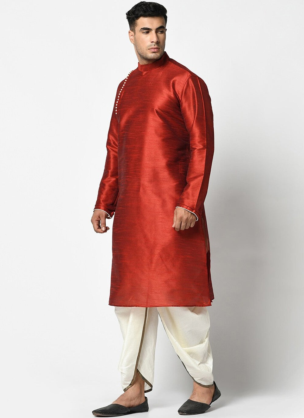 Buttons Dupion Silk Red Dhoti Kurta - M2417