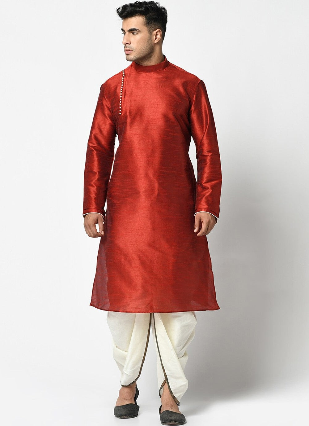 Buttons Dupion Silk Red Dhoti Kurta - M2417