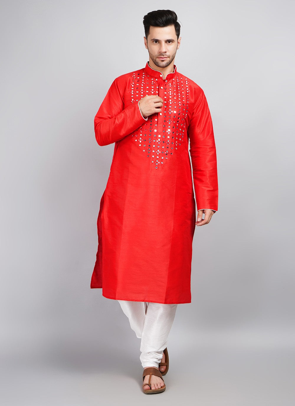 Machine Embroidery Dupion Silk Red Kurta Pyjama - M5689