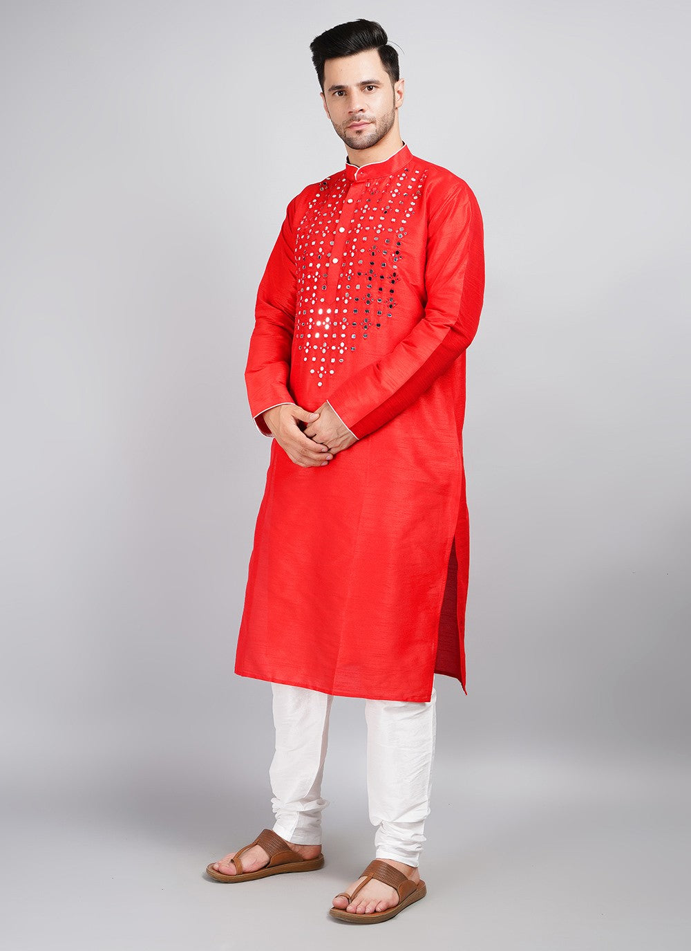 Machine Embroidery Dupion Silk Red Kurta Pyjama - M5689