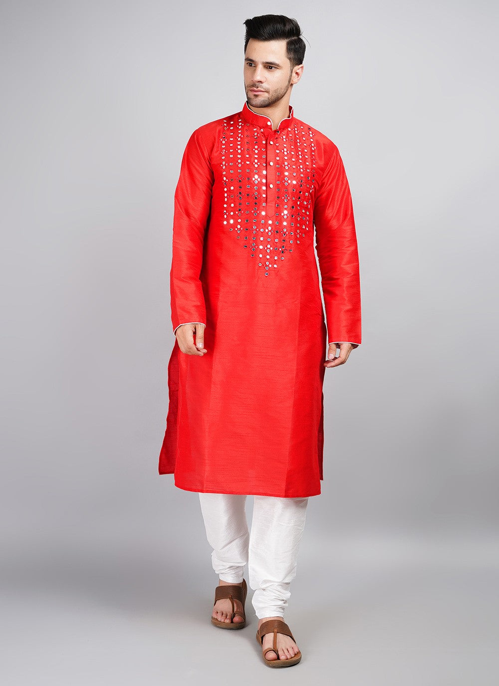 Machine Embroidery Dupion Silk Red Kurta Pyjama - M5689