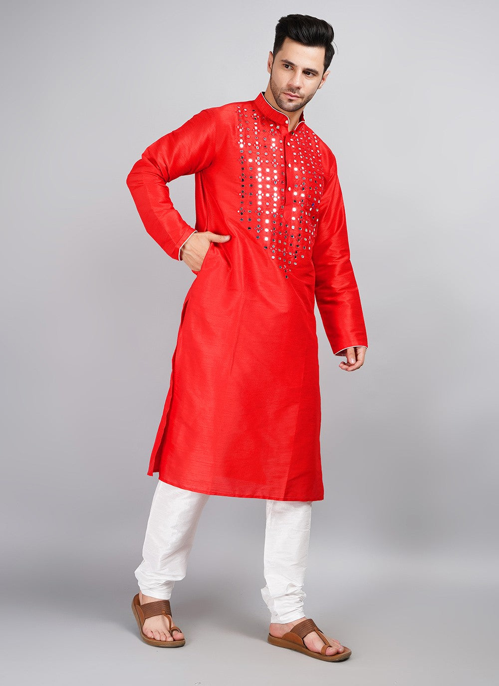 Machine Embroidery Dupion Silk Red Kurta Pyjama - M5689