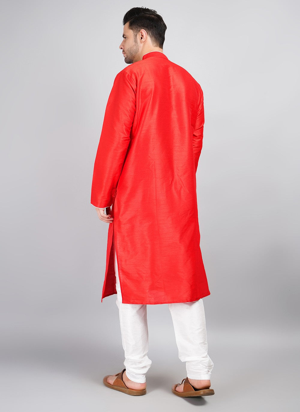 Machine Embroidery Dupion Silk Red Kurta Pyjama - M5689