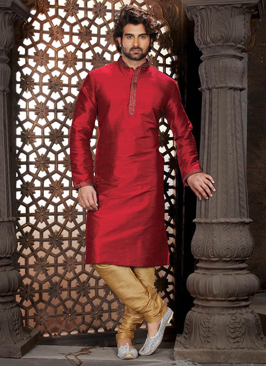 Plain Dupion Silk Red Kurta Pyjama - M2123