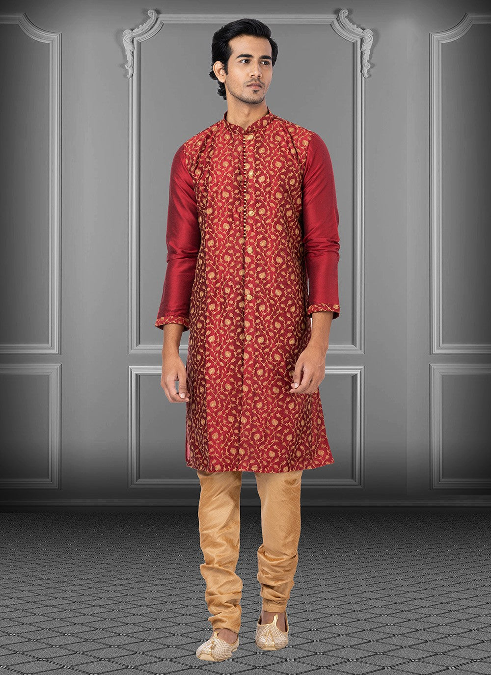 Embroidered Dupion Silk Red Kurta Pyjama - M3703