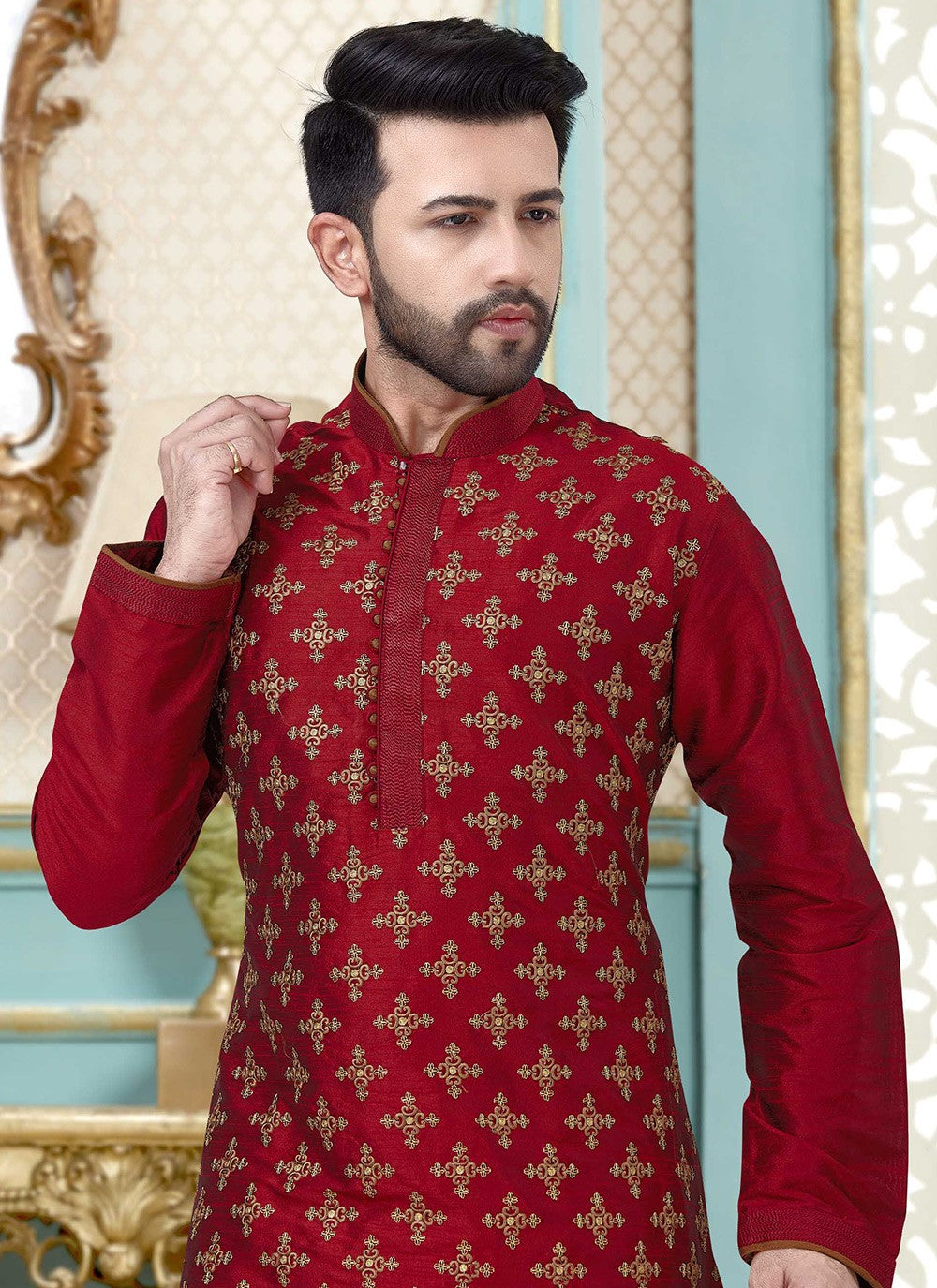 Embroidered Dupion Silk Red Kurta Pyjama - M3873