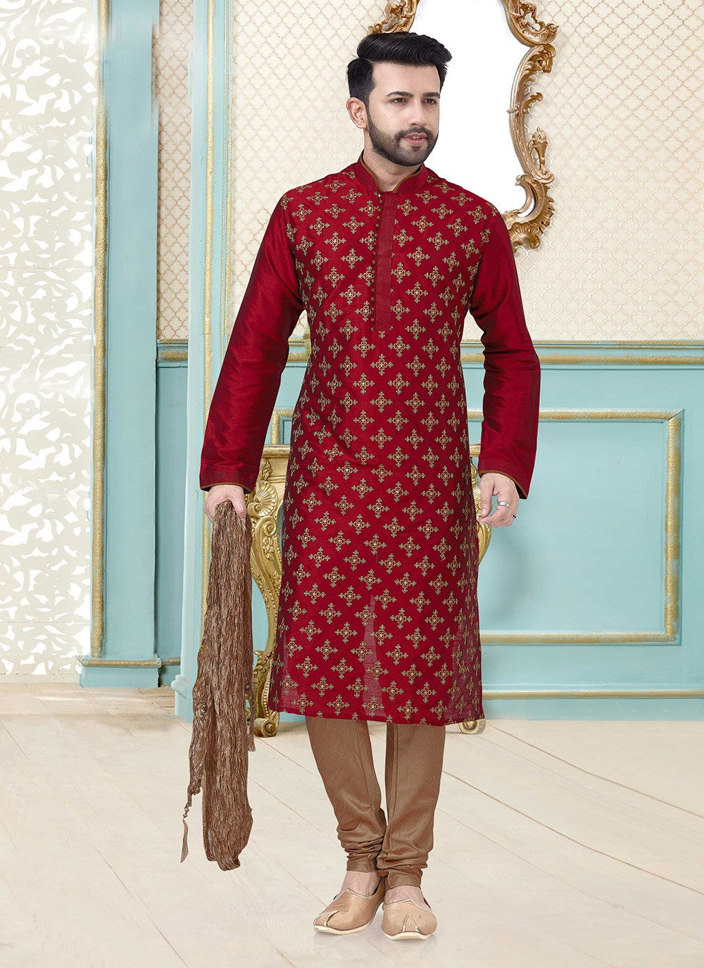 Embroidered Dupion Silk Red Kurta Pyjama - M3873