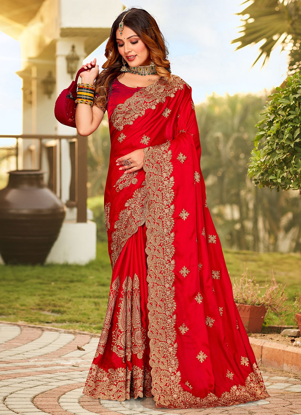 Designer Embroidered Satin Saree - S2934