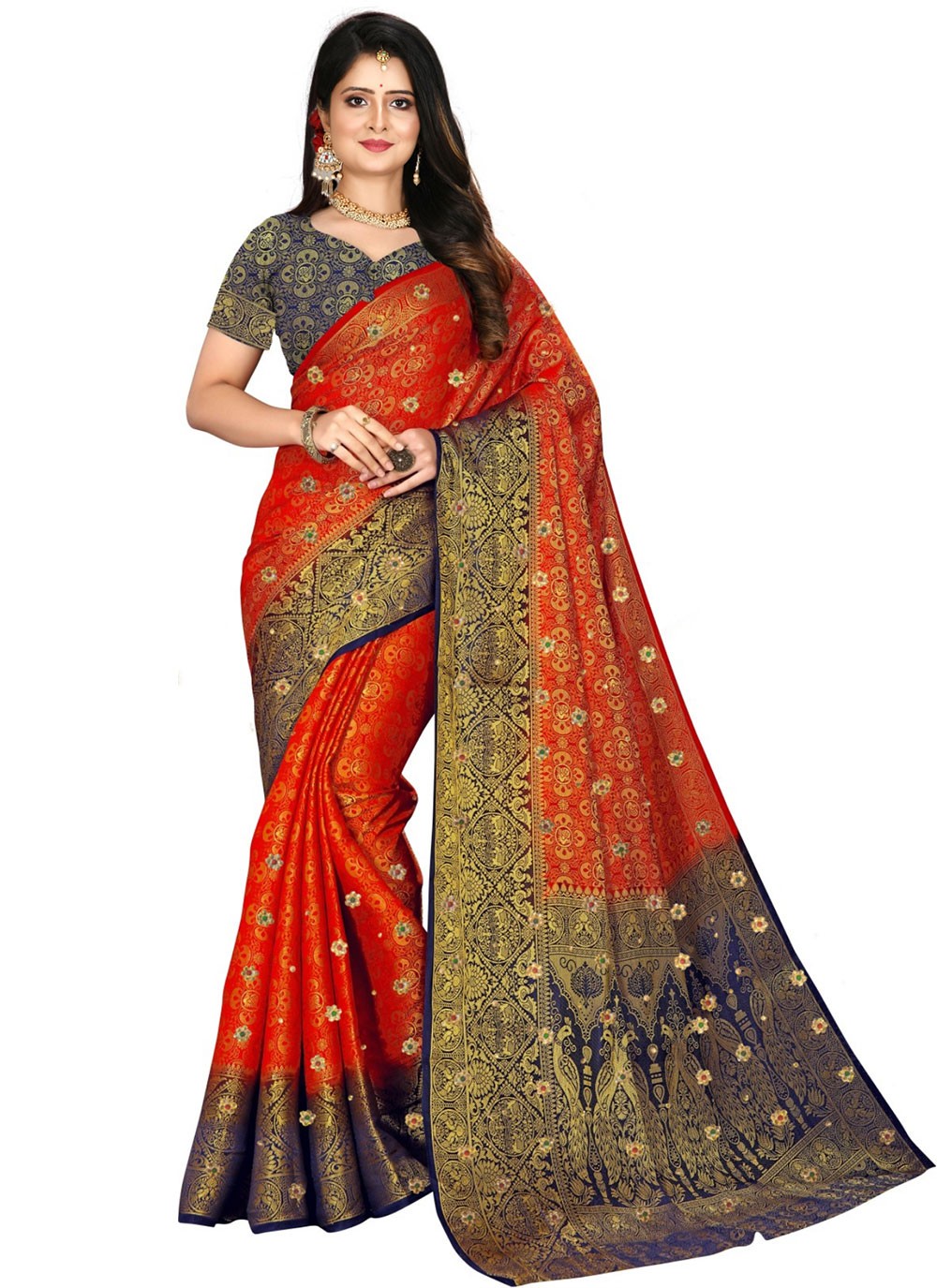 Trendy Embroidered Kanjivaram Silk Saree - S1674