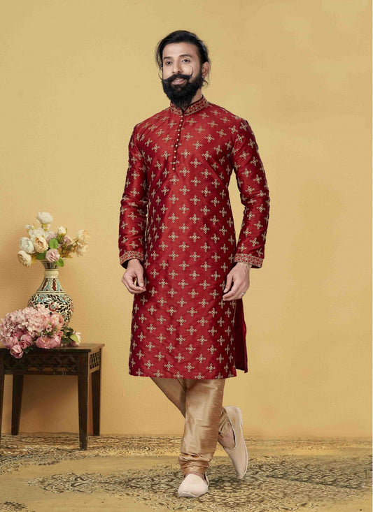 Embroidered Jacquard Silk Red Kurta Pyjama - M1858