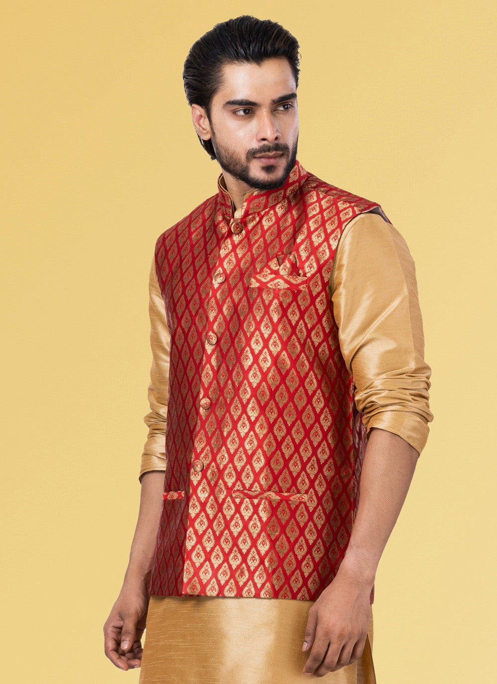 Embroidered Jacquard Silk Red Nehru Jackets - M3833