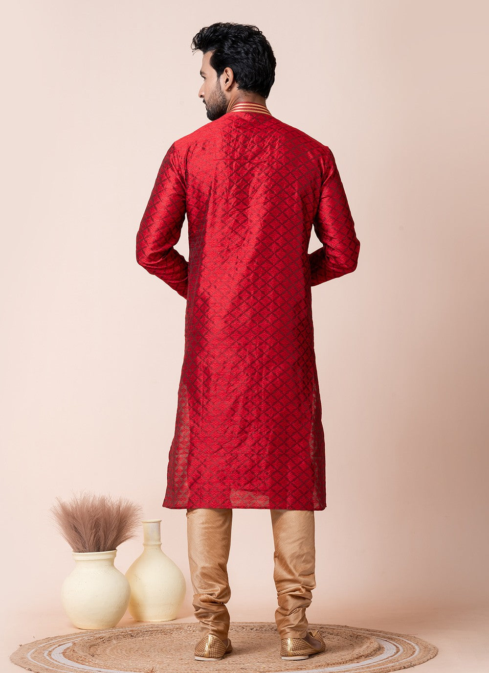 Embroidered Jacquard Silk Red Kurta Pyjama - M8567