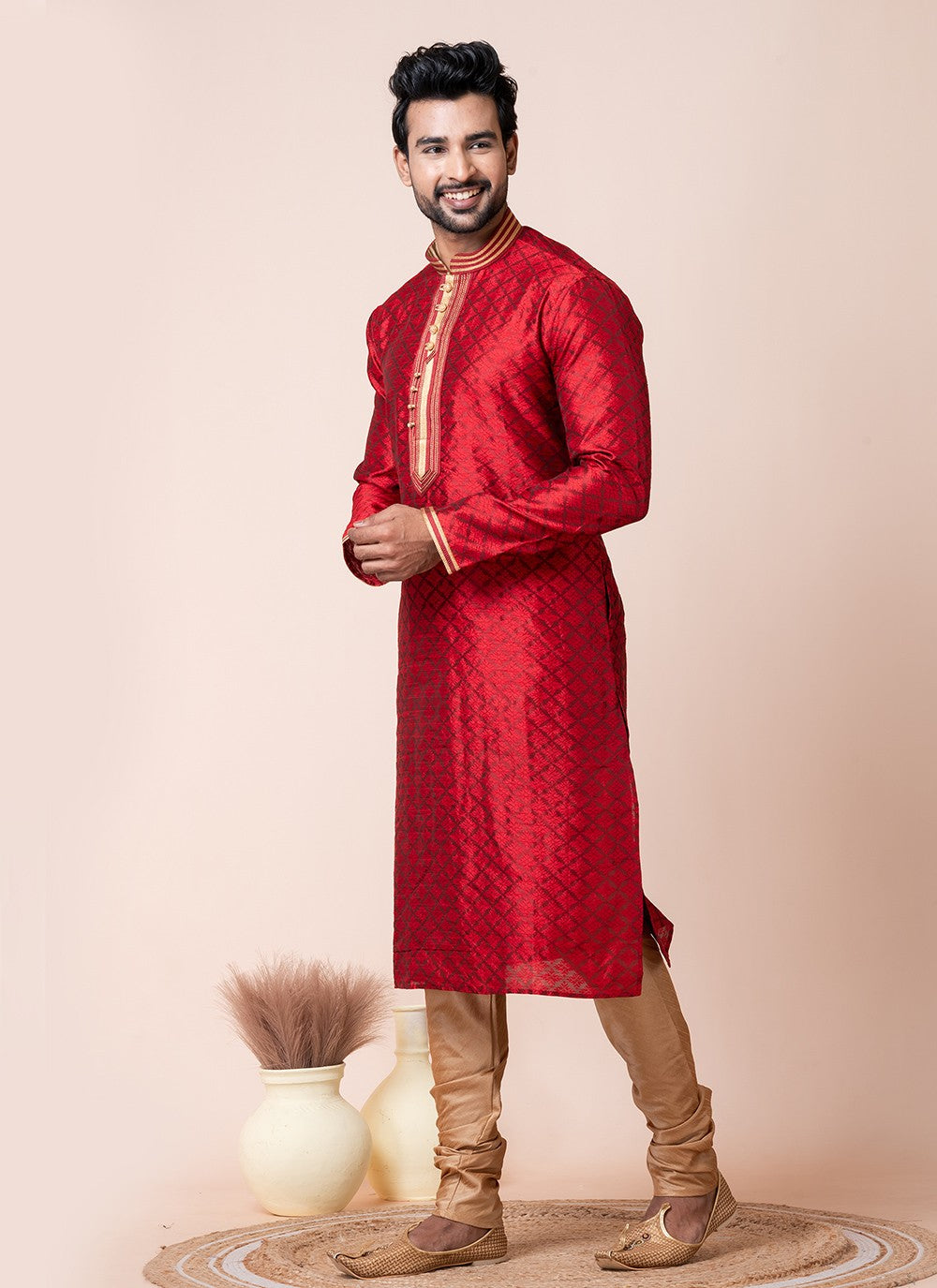 Embroidered Jacquard Silk Red Kurta Pyjama - M8567