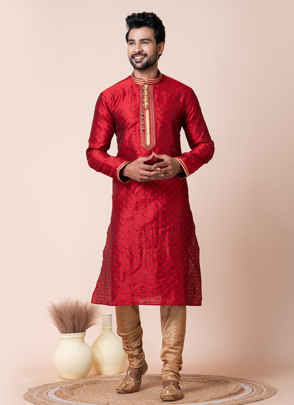 Embroidered Jacquard Silk Red Kurta Pyjama - M8567