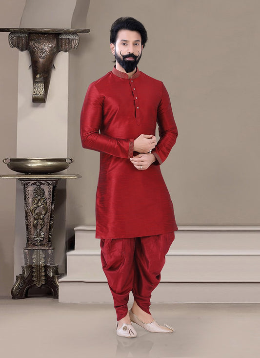 Plain Silk Red Dhoti Kurta - M3476