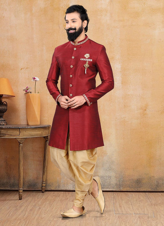 Fancy Work Silk Red Dhoti Kurta - M3364