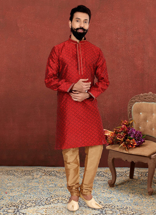 Embroidered Fancy Fabric Red Kurta Pyjama - M2602