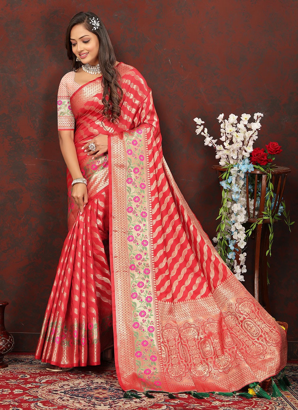 Trendy Meenakari Organza, Silk Saree - S5046