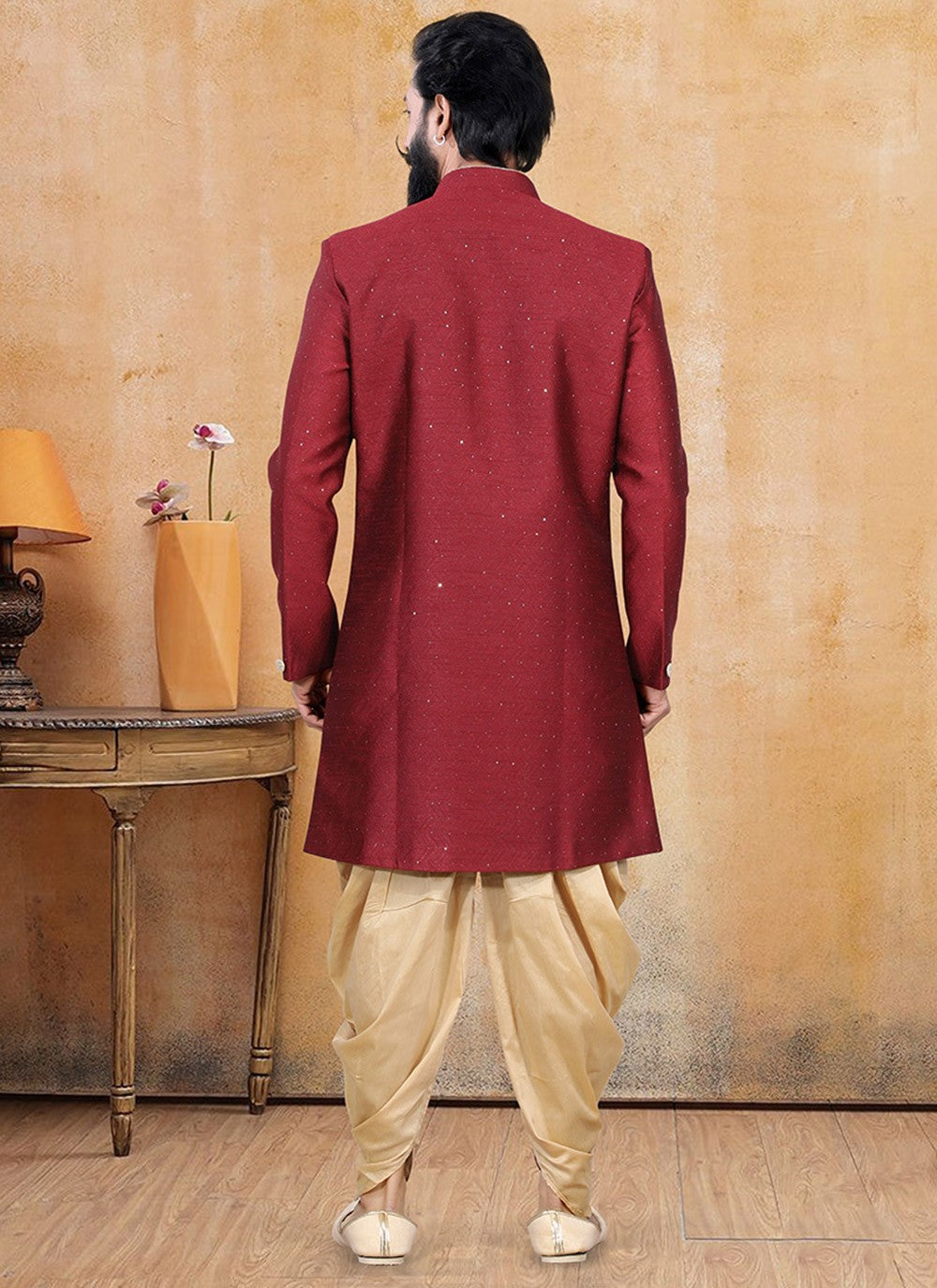 Fancy Work Jacquard Red Dhoti Kurta - M3347