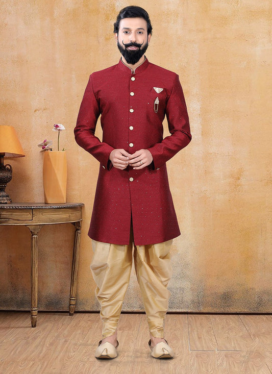 Fancy Work Jacquard Red Dhoti Kurta - M3347