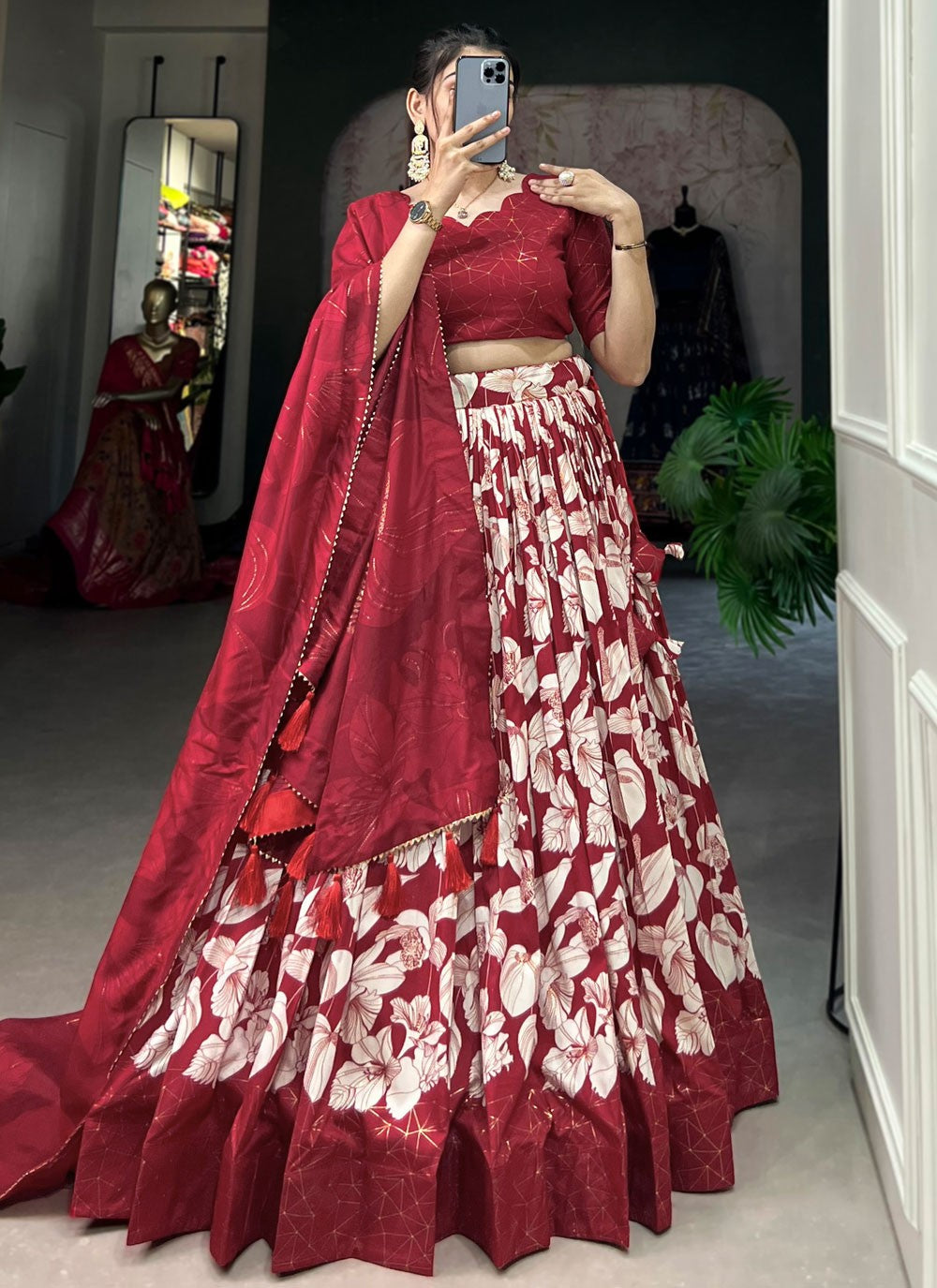 Floral Printed Tussar Silk A - Line Lehenga - L1787